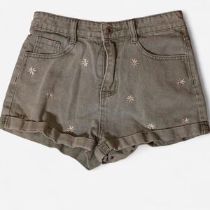 Olive Green Embroidered Daisy High-Rise girl Shorts- tween